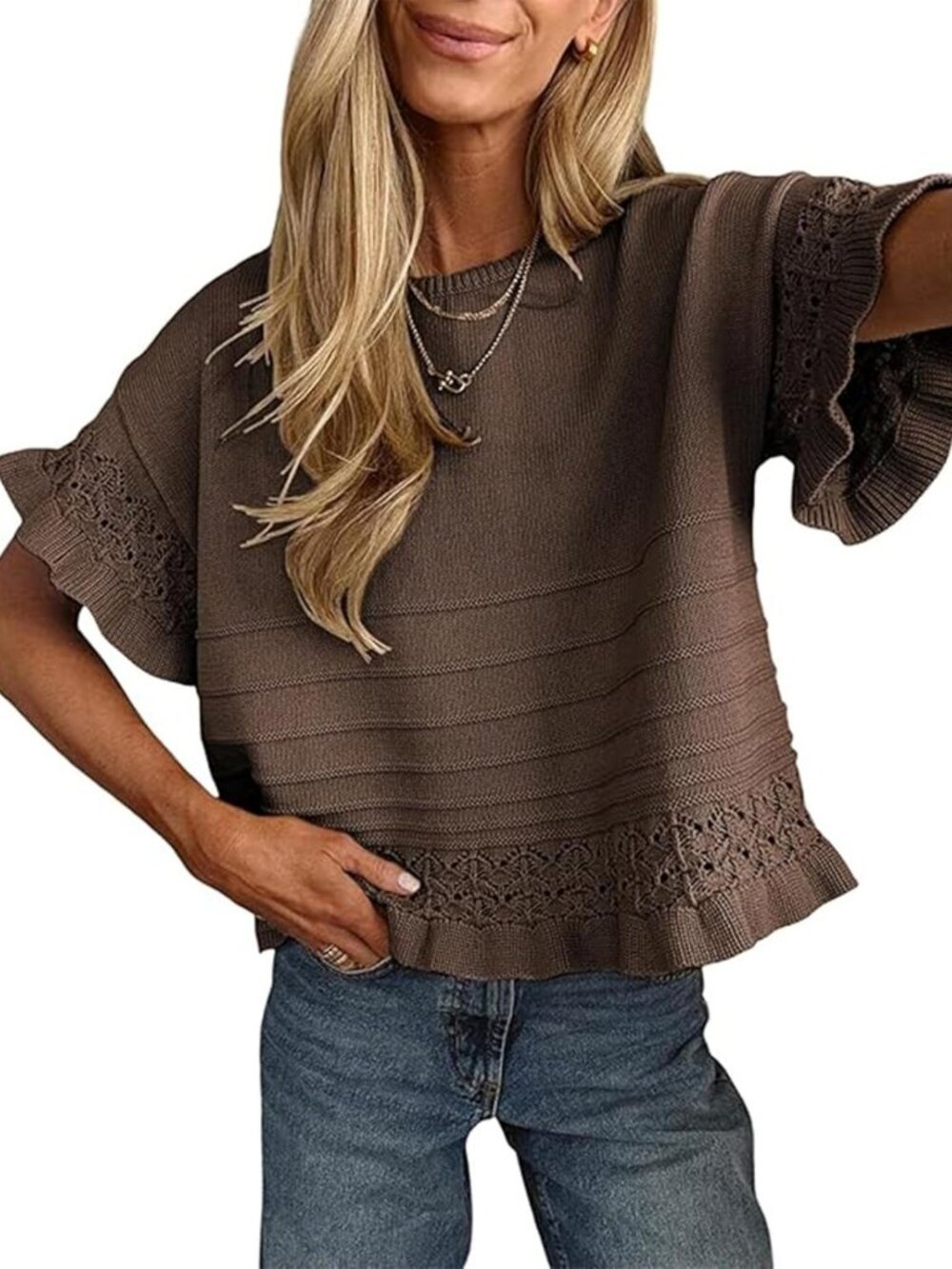Women's Short Sleeve Ruffled Hem Knit Crochet Pullover Top - Casual Summer/Fall